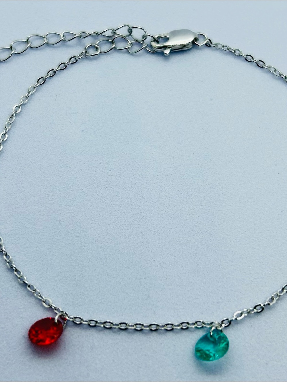 Silver Chain Anklet with Red and Teal Charms